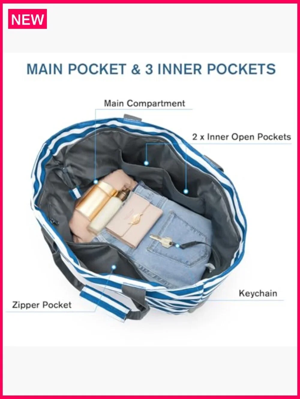 Large Waterproof Beach Tote Foldable Travel Bag with Pockets